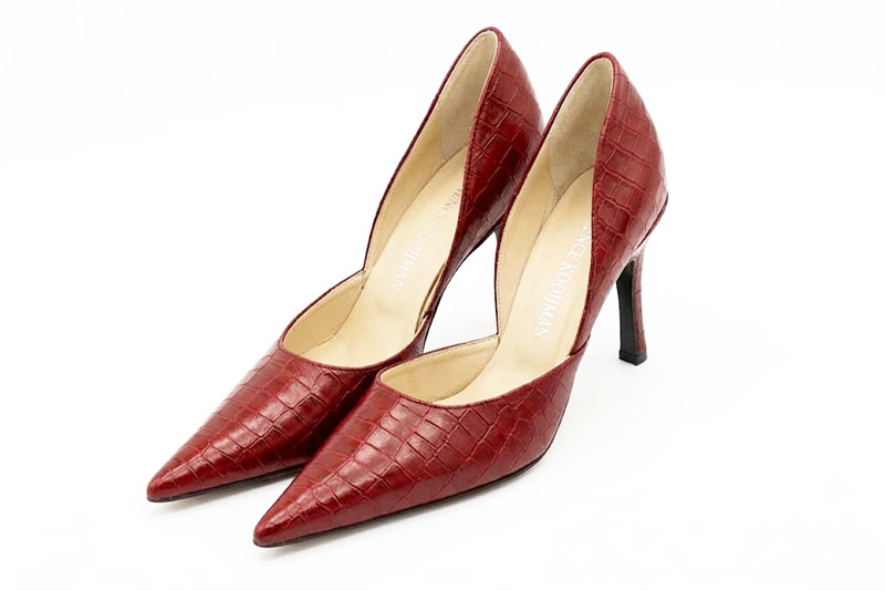 Dress pumps open arch in scarlet red leather with high slim heels and pointed toe - Front view